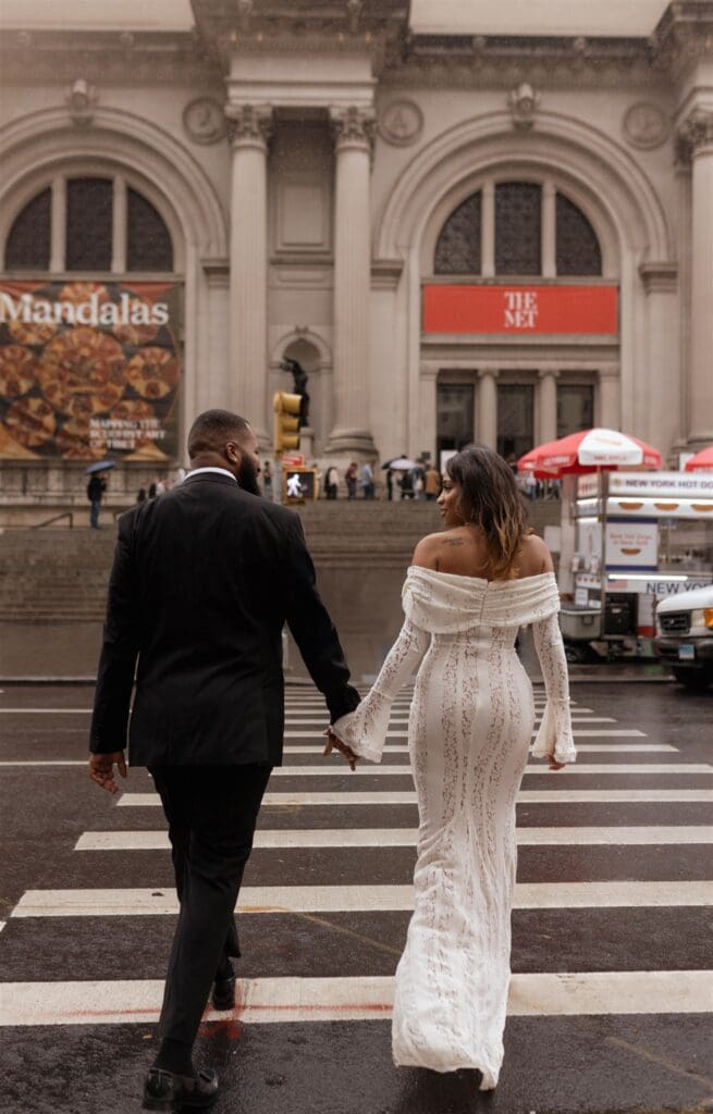 couple walking around NY during their engagement photoshoot