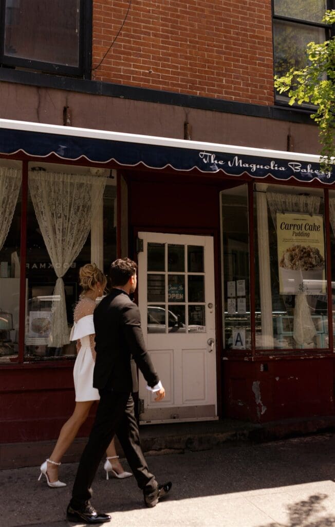 couple walking around nyc after their ceremony