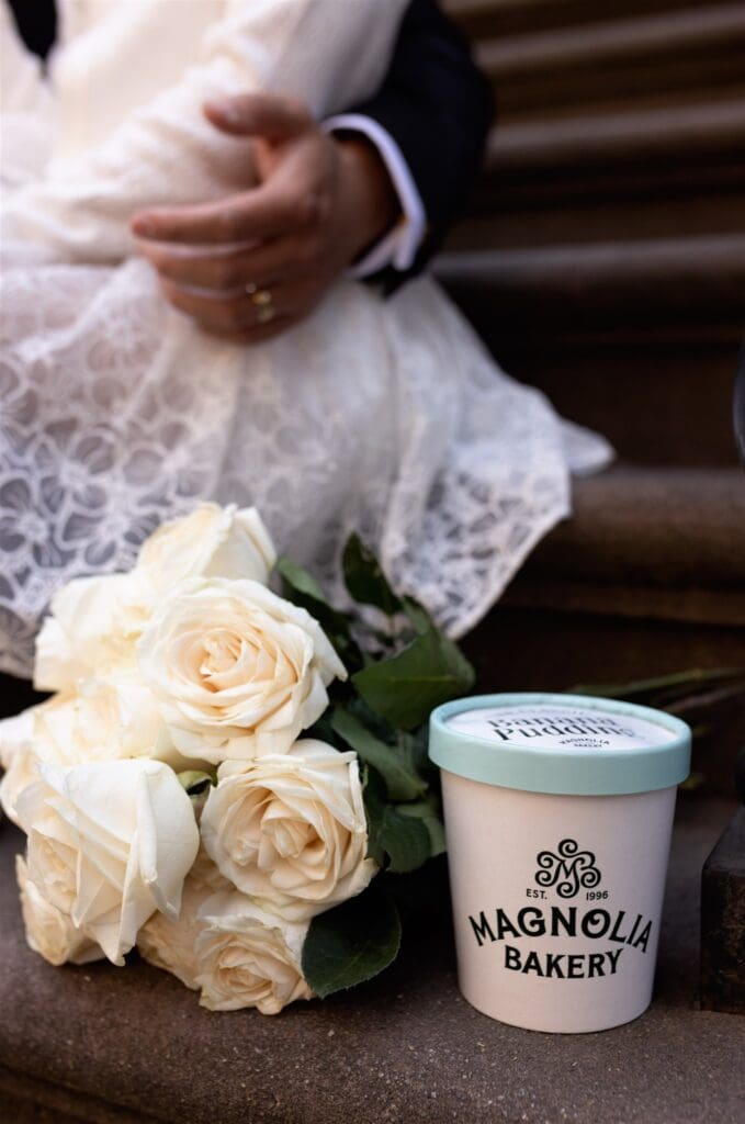 newlyweds celebrating their elopement with ice cream