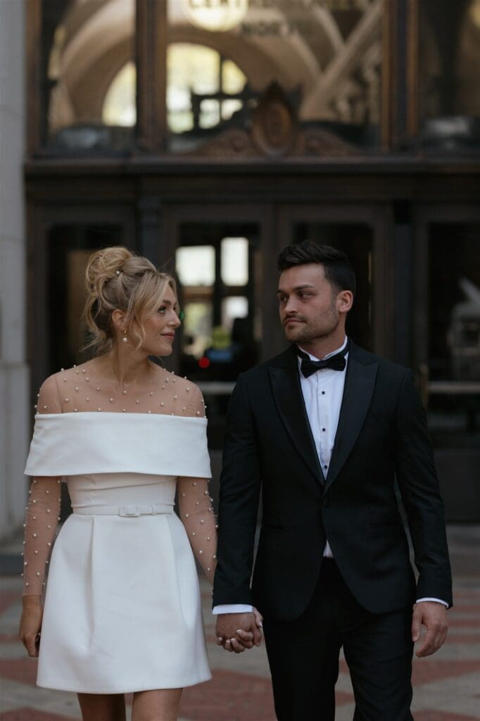 gorgeous portrait of the bride and groom looking at each other