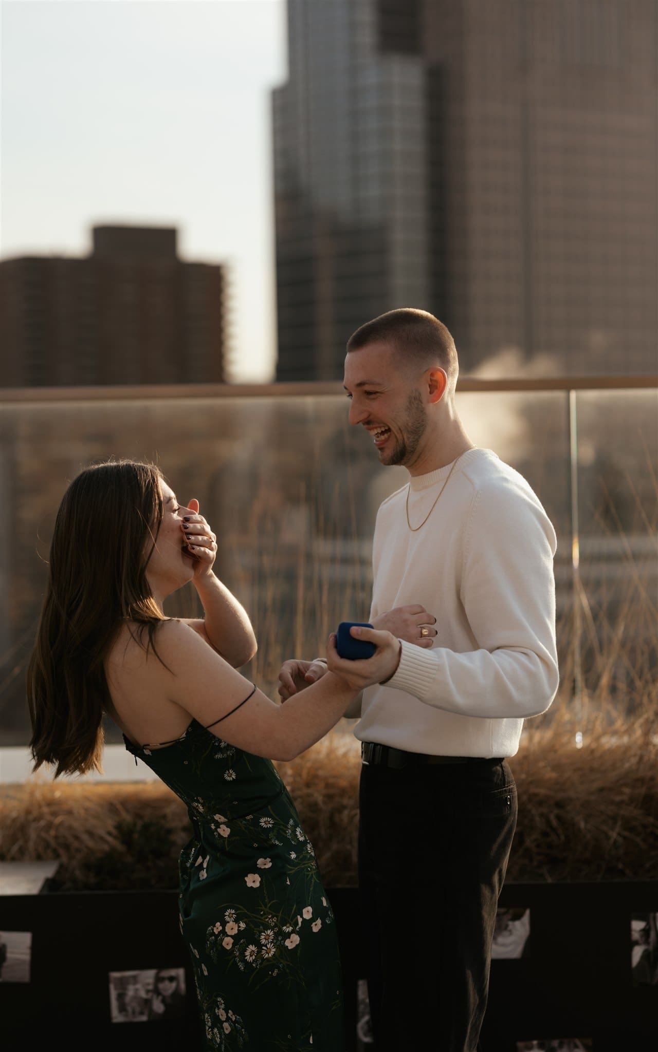 happy couple at their golden hour proposal