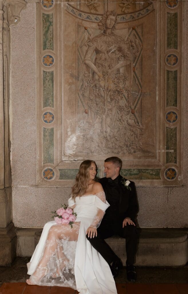 portrait of the newly married couple at their dream location in central park