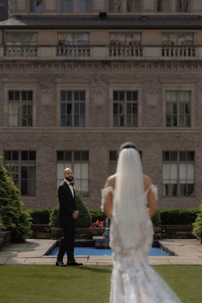 cute picture of the bride and groom at their first look