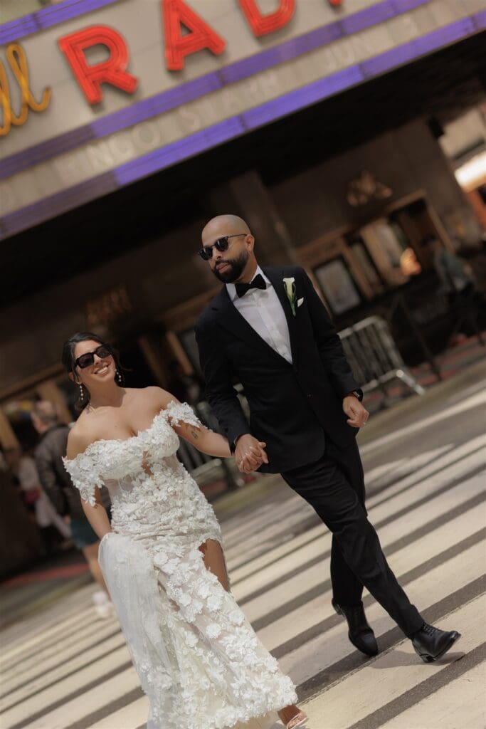 cute couple walking around NYC during their photoshoot
