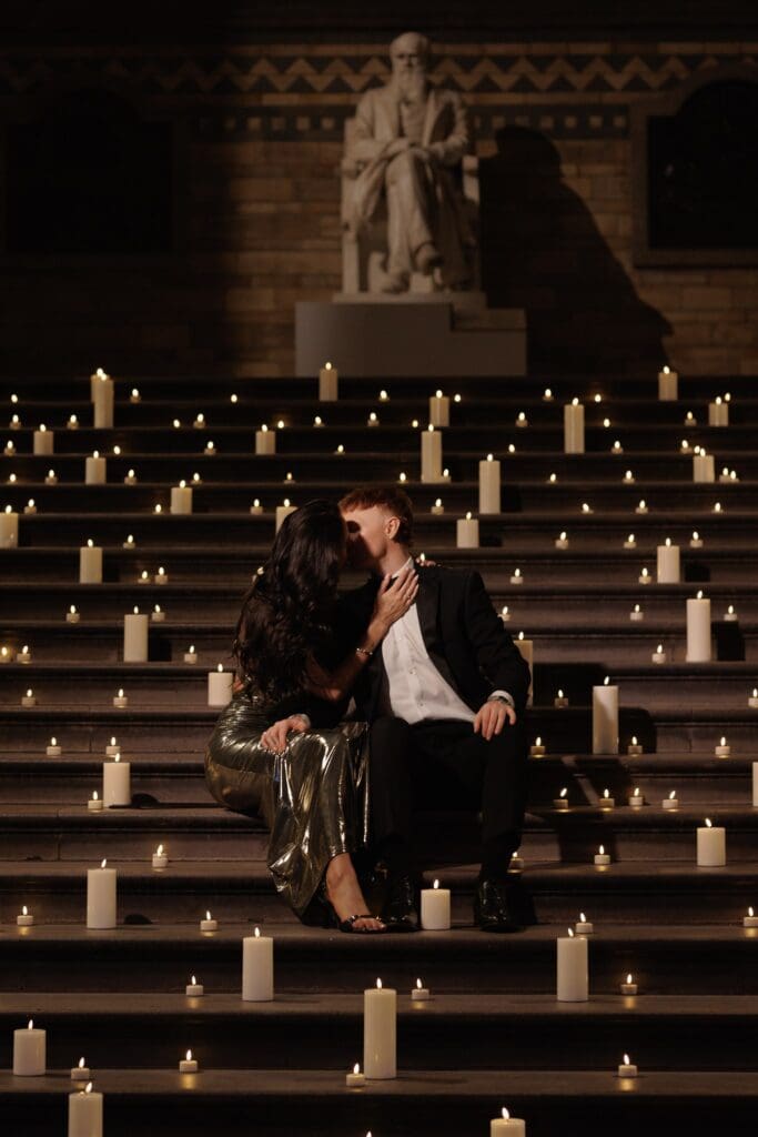 Portrait of the newly engaged, couple kissing