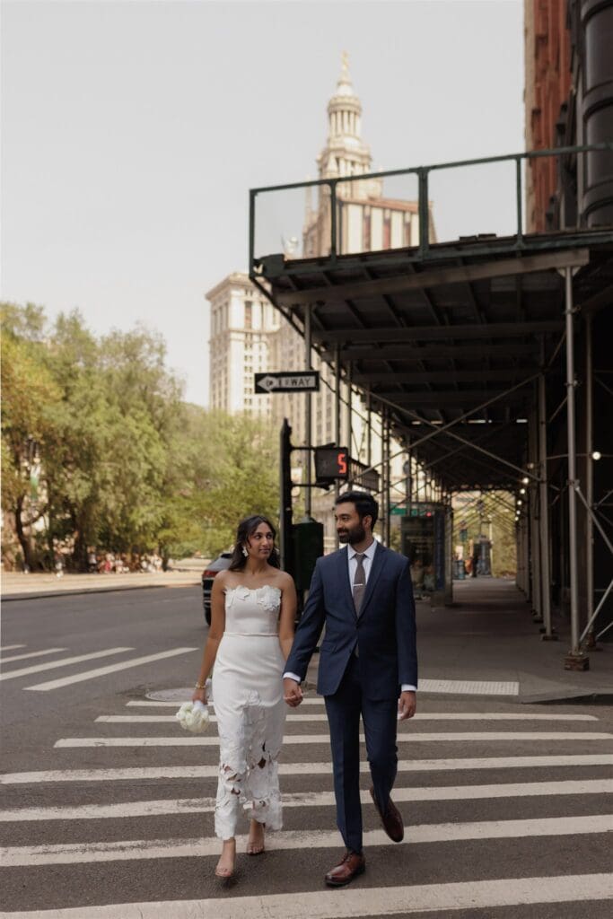 couple walking around manhattan during their photoshoot