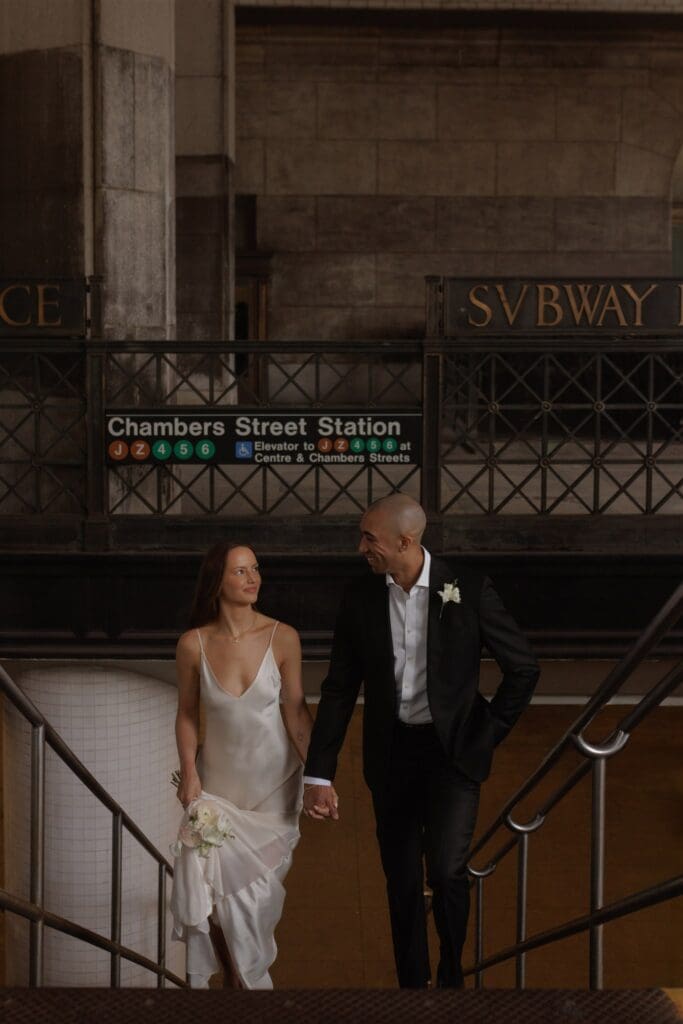couple walking around manhattan during their elopement