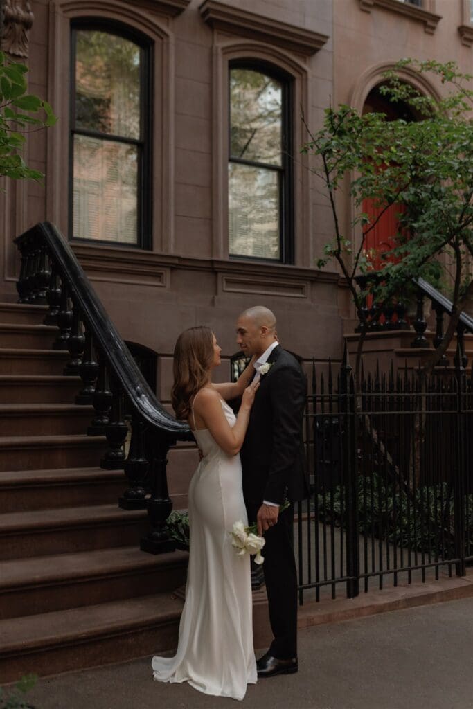 cute picture of the newlyweds smiling at each other